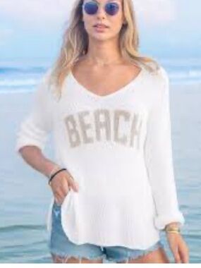 Wooden Ships S/M Beach open cable knit white-tan cotton blend coastal tunic boho